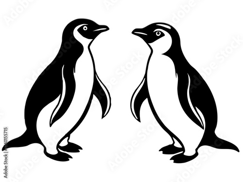 Two stylized penguins facing each other silhouette isolated on white background