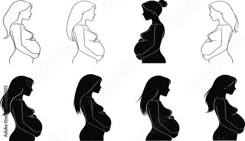 Pregnant woman silhouette collection showing various artistic styles and baby bump profiles—ideal for maternity, motherhood, health, care, family, designPregnan