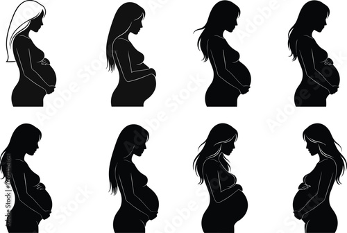 Pregnant woman silhouette set showing various belly shapes, hairstyles, and postures—ideal for maternity, motherhood, health, care, design, education