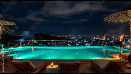 Nighttime Rooftop Infinity Pool Overlooking City Skyline with Tiki Torches and Lounge Chairs