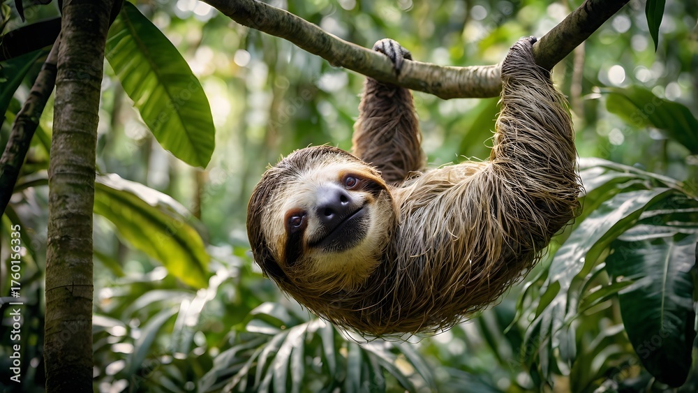 Fototapeta premium three-toed sloth hanging on a tree branch in lush tropical rainforest