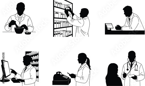 Professional pharmacist and doctor silhouettes working with medicine, computer, and patients in healthcare pharmacy environment vector illustration 