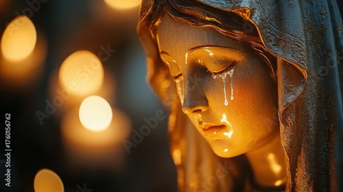 Emotional depiction of a weeping virgin statue church photography sacred environment close-up spiritual reflection