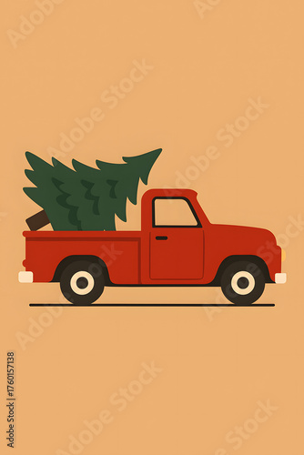 Red truck carrying a Christmas tree