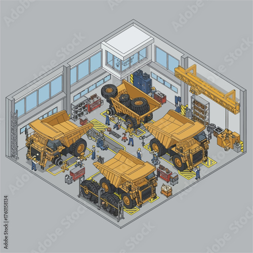 Isometric view of a large industrial workshop with several massive dump trucks undergoing maintenance and repair by a team of mechanics.
