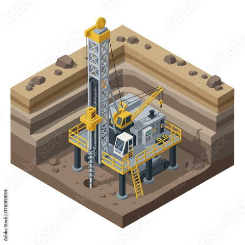 Isometric view of a modern drilling rig in operation extracting resources.