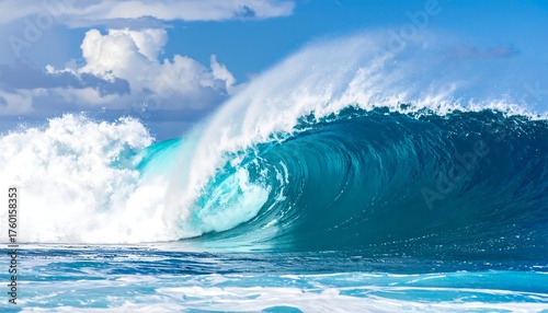 Fototapeta Naklejka Na Ścianę i Meble -  Spectacular breaking ocean wave with foamy crest under a sunny sky