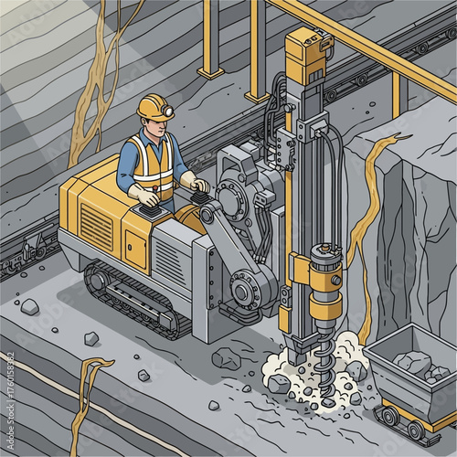 Miner operating a drilling machine in an underground mine.