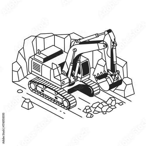 Monochrome line art illustration of a heavy excavator.