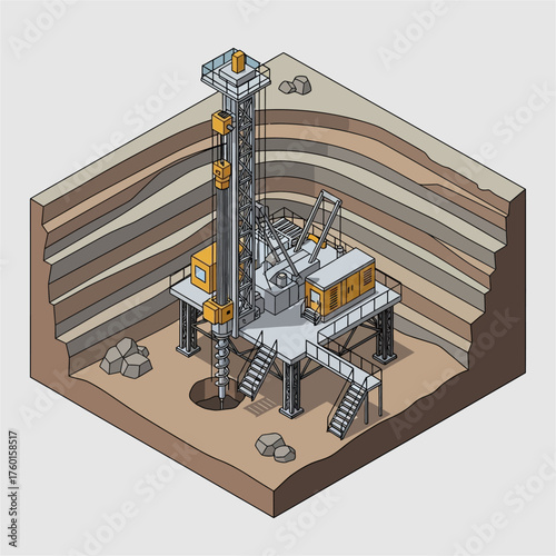 Oil Rig Drilling Platform in Cross-Section View.