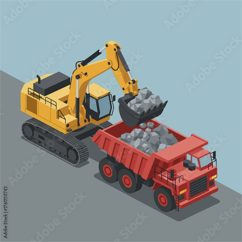 Yellow Excavator Loading Rocks into Red Dump Truck.
