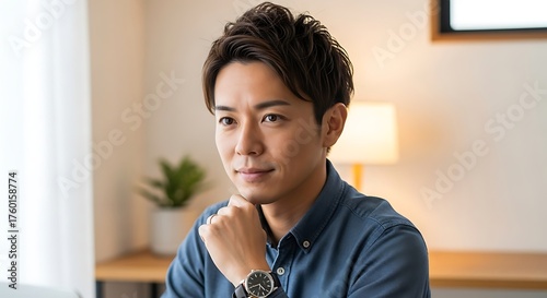Wallpaper Mural A handsome young Asian man in a blue shirt thoughtfully looks at a computer screen while working from home. Torontodigital.ca