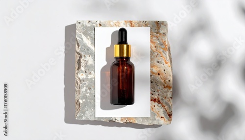 Amber Glass Dropper Bottle Mockup on Travertine Slab