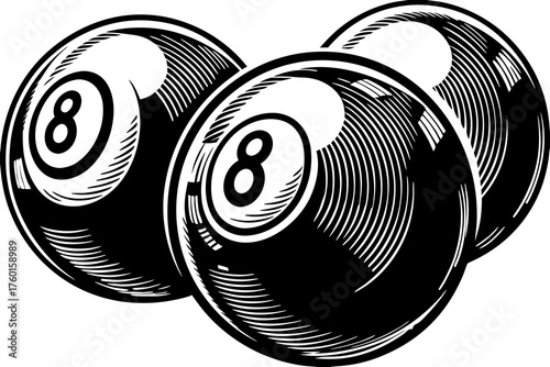Eight Ball Trio: A classic close-up captures three eight balls, rendered in a bold, monochrome illustration. These iconic spheres, synonymous with pool and billiards games.