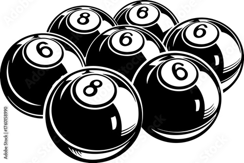 Pool Balls: A captivating monochrome image showcasing a cluster of pool balls. The composition focuses on the iconic six and eight balls, symbolizing strategy, precision.
