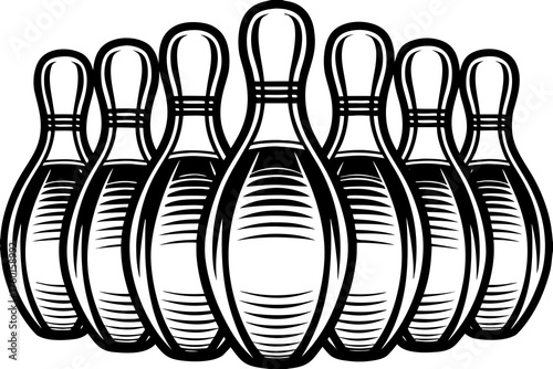 Bowling Pins: A collection of bowling pins standing in formation, perfectly aligned and ready for the next roll, symbolizing the game of bowling and competitive spirit.