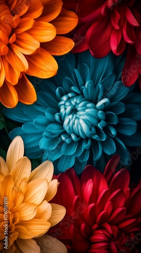 Vibrant close-up of blooming dahlias in rich orange, deep teal, and passionate red hues, showcasing intricate petal layers and mesmerizing floral symmetry