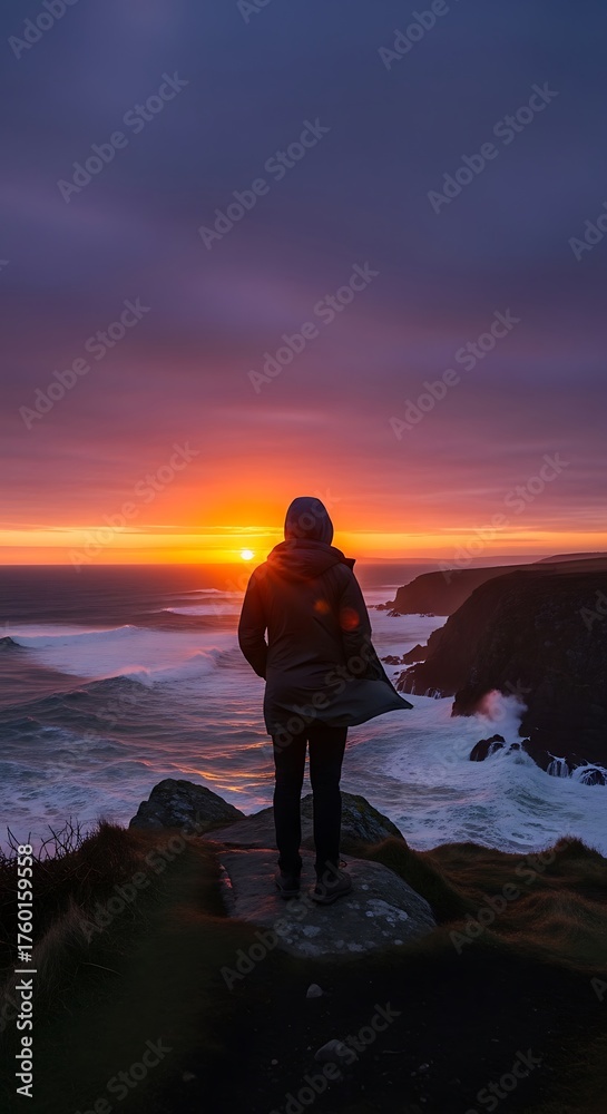 Obraz premium Silhouette at Sunset - Contemplation by the Oceans Edge.