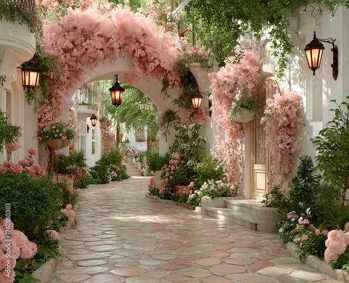 Dreamlike garden walkway with pink roses and climbing flowers curving through an ancient stone archway
