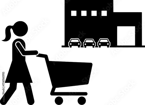 Woman Pushing Shopping Cart at Supermarket or Mall Icon Vector