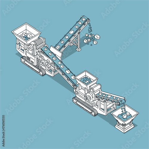 Isometric Industrial Crushing and Conveyor System for Material Processing.