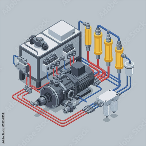 Isometric Industrial Air Compressor System with Filters and Control Panel.