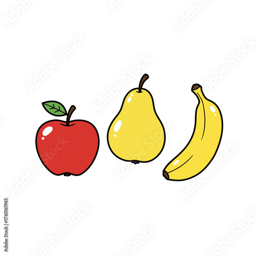 A red apple, a yellow pear, and a yellow banana.