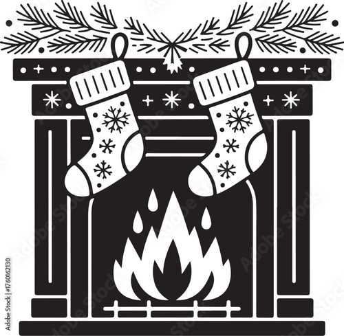 Festive stockings hanging on mantelpiece with fire
