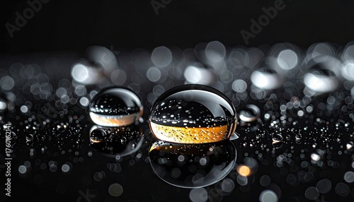Macro Close up of Water Droplets with Reflected Orange and White Light on a Dark Reflective Surface Creating Bokeh Effects