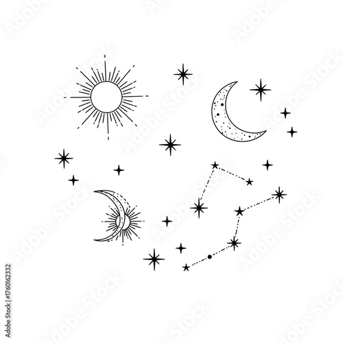 Celestial bodies and constellations in a minimalist line art style.