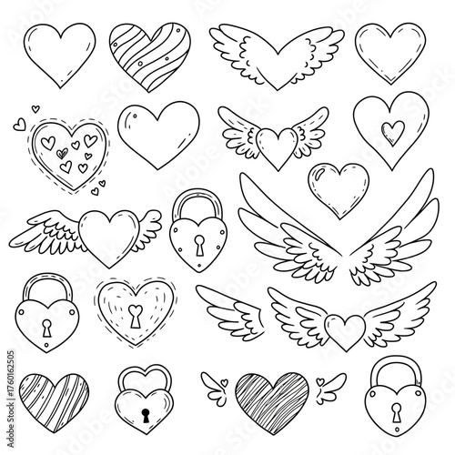 Collection of Hand-Drawn Hearts and Wings Symbols.