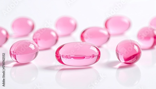 Many Pink Gel Capsules and Pills Scattered on a White Surface With Soft Studio Lighting Reflecting on the Smooth Texture