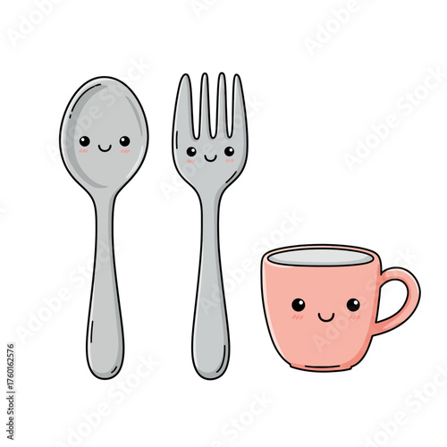 Cute cartoon spoon fork and cup characters with happy faces.