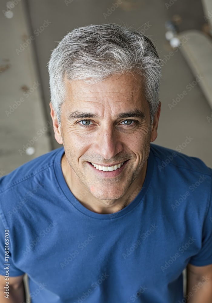 Fototapeta premium Confident Smile: An attractive man, with distinguished silver hair and a radiant grin, exudes confidence. His expressive eyes and approachable demeanor capture a sense of optimism. 