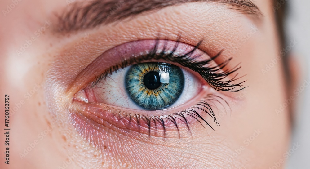 Obraz premium Vivid Eye: A captivating close-up of a human eye, exhibiting a vibrant mix of colors, textures, and details, reflecting beauty and complexity.