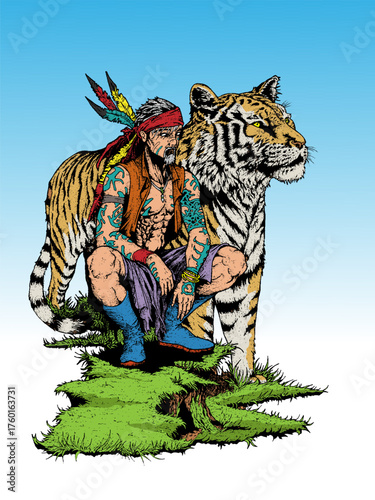 Vector illustration image of an Indian tribe with a tiger on a blue sky background.