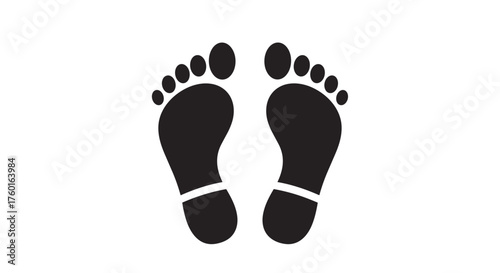 A simple graphic of two black footprints placed side by side with a white line across the heel of each.