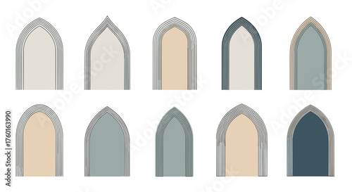 Collection of decorative gothic arched doorways with subtle decorative detailing and muted color palettes.