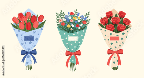 Three elegantly wrapped bouquets of fresh flowers featuring tulips roses and wildflowers beautifully arranged.