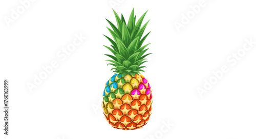 A vibrant rainbow pineapple with a colorful patterned rind stands against a white background.