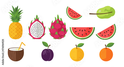 A vibrant collection of tropical fruits and a refreshing coconut drink with slices of watermelon and a leafy green.