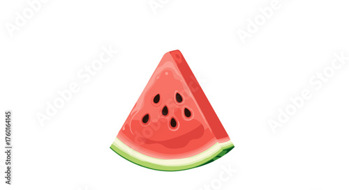 A juicy slice of watermelon showing its vibrant red flesh and black seeds with a crisp green rind.