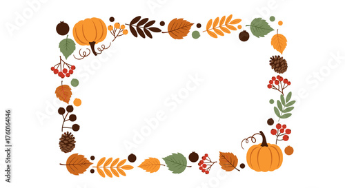 A charming rectangular frame decorated with various autumn leaves pumpkins and berries .