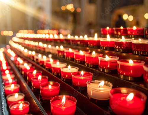 Pequeñas velas rojas encendidas en una iglesia y haz de luz al fondo.