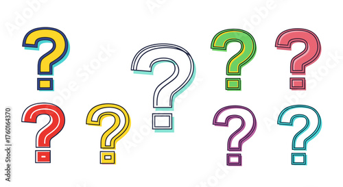 Colorful question marks scattered across a white background.