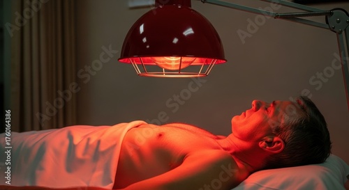 Man receiving infrared light therapy treatment focusing on wellness and recovery process aiming