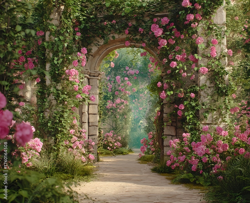 Fototapeta premium Enchanted garden archway covered in blooming pink flowers and greenery