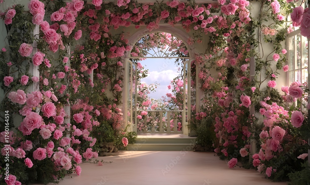 Obraz premium Enchanted garden archway covered in blooming pink flowers and greenery