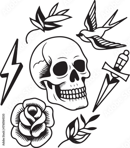 Cool tattoo flash art skull rose dagger bird lightning