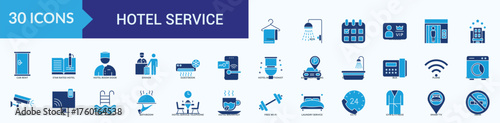 Hotel service icon flat blue collection set with towel, bed, shower, schedule, card vip, lift, car rent, star rated hotel, hotel room door